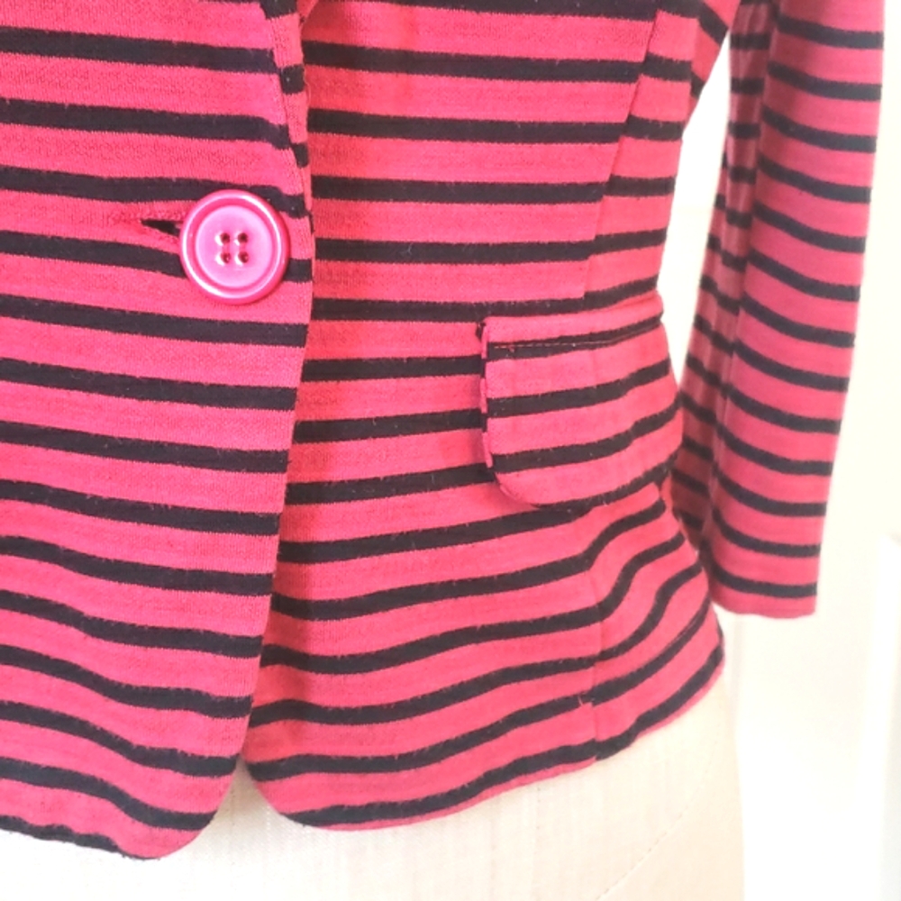 Vintage Sans Souci 90s Red Black Striped Cropped Blazer Jacket • Soft Jersey • M - Picture 7 of 9